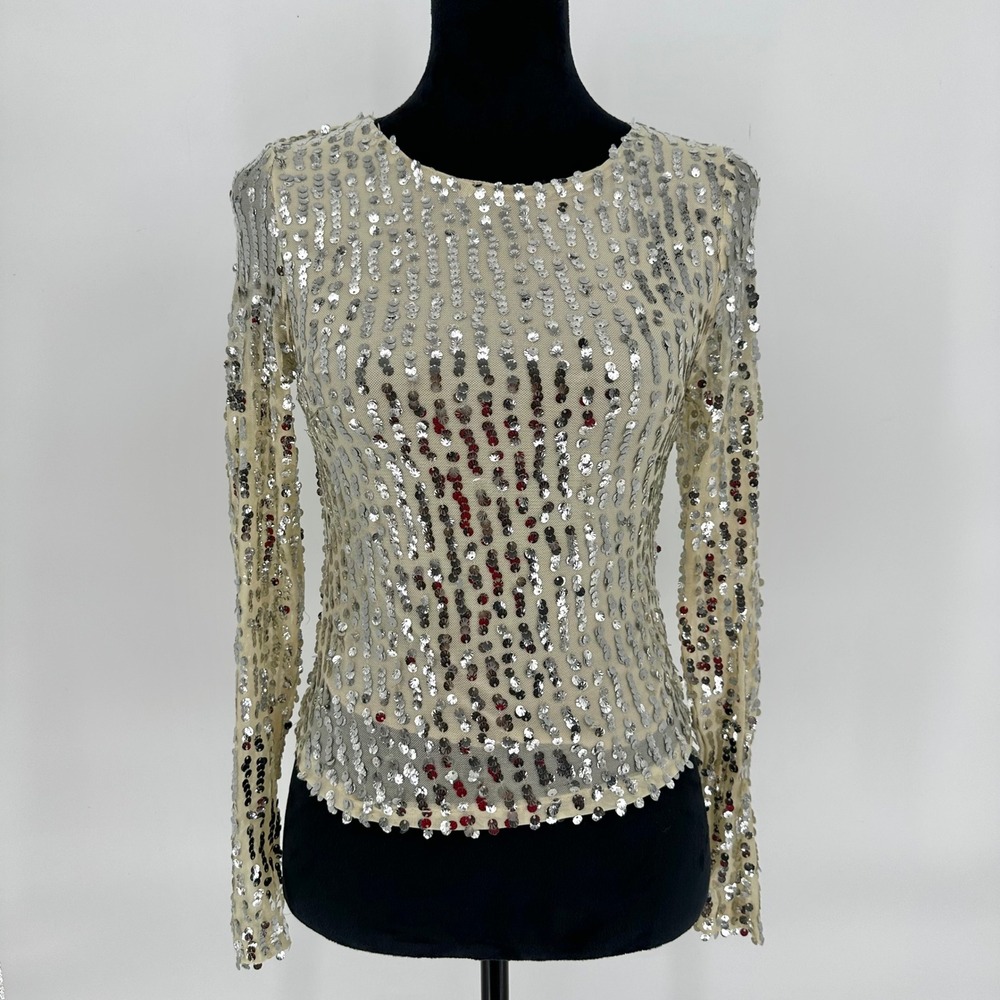 Charlotte Russe Beige Silver Sequin Mesh Sheer Long‎ Sleeve Top Women's Small